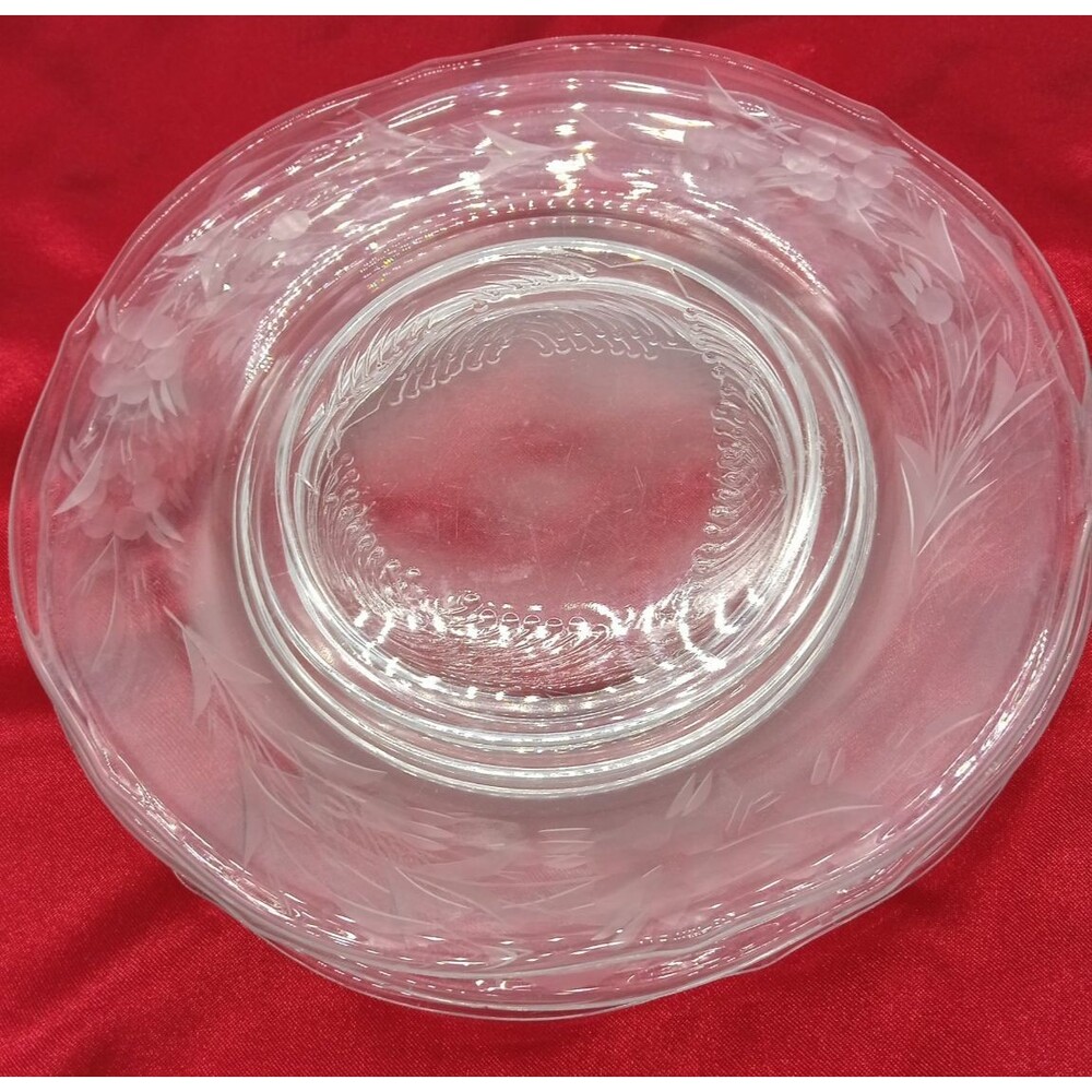Vintage Clear Delicate Etched Floral Glass Salad Plates Set of Three 7.5"